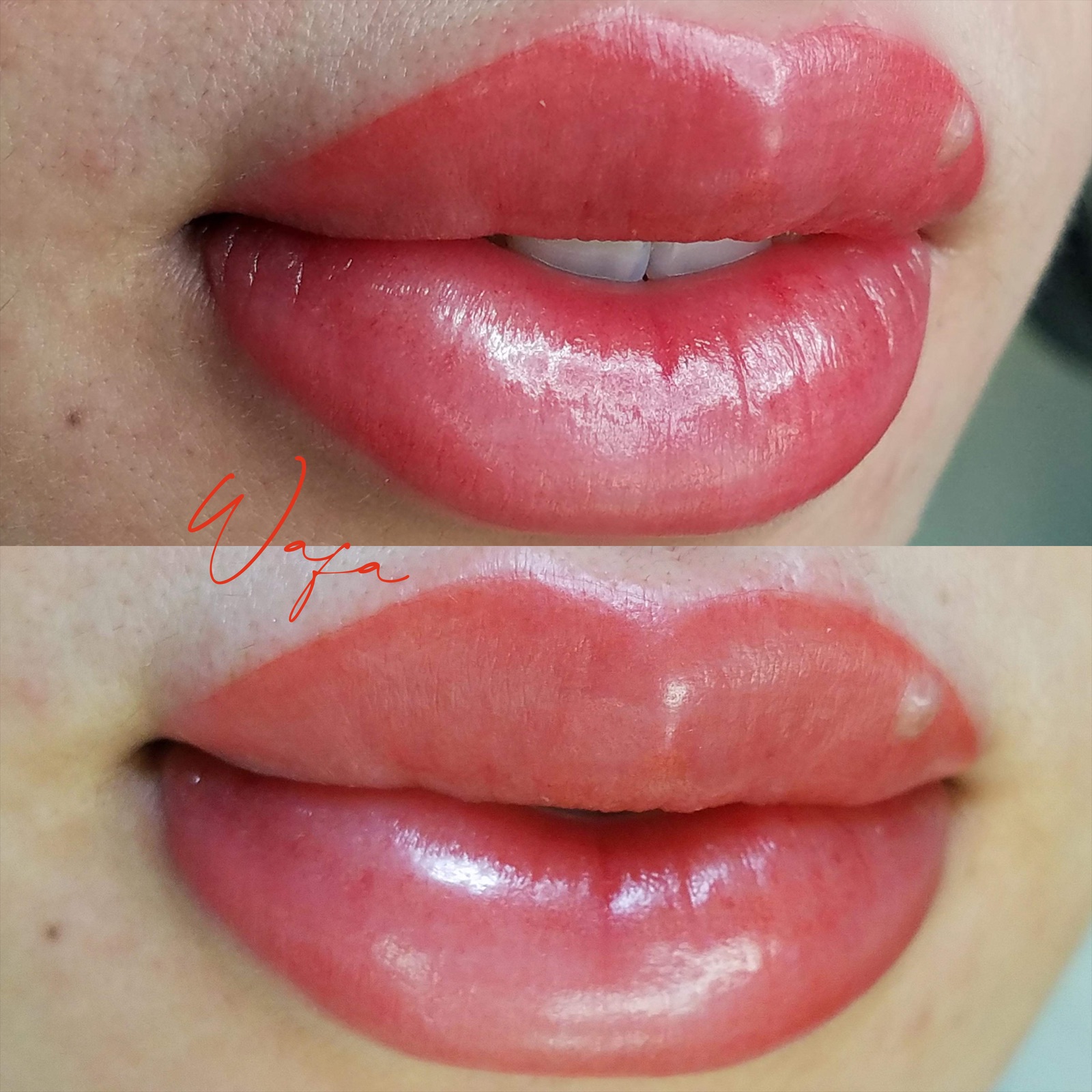 Woman's lips before and after Lip Blushing 